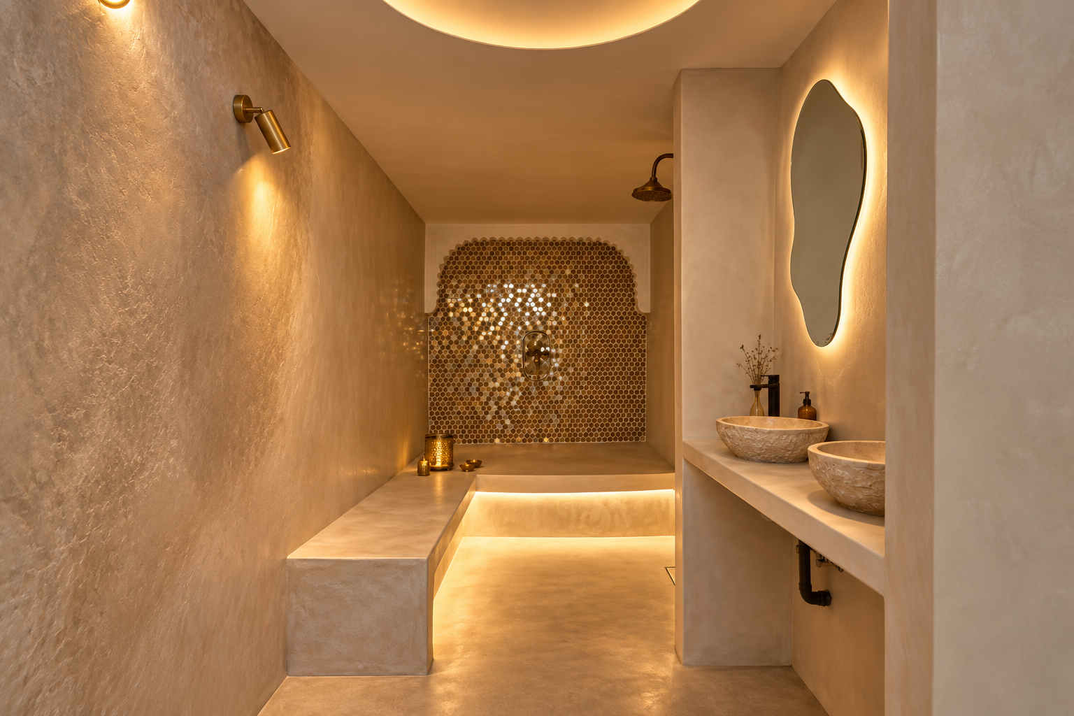 Plaster hammam-style bathroom in Marrakech