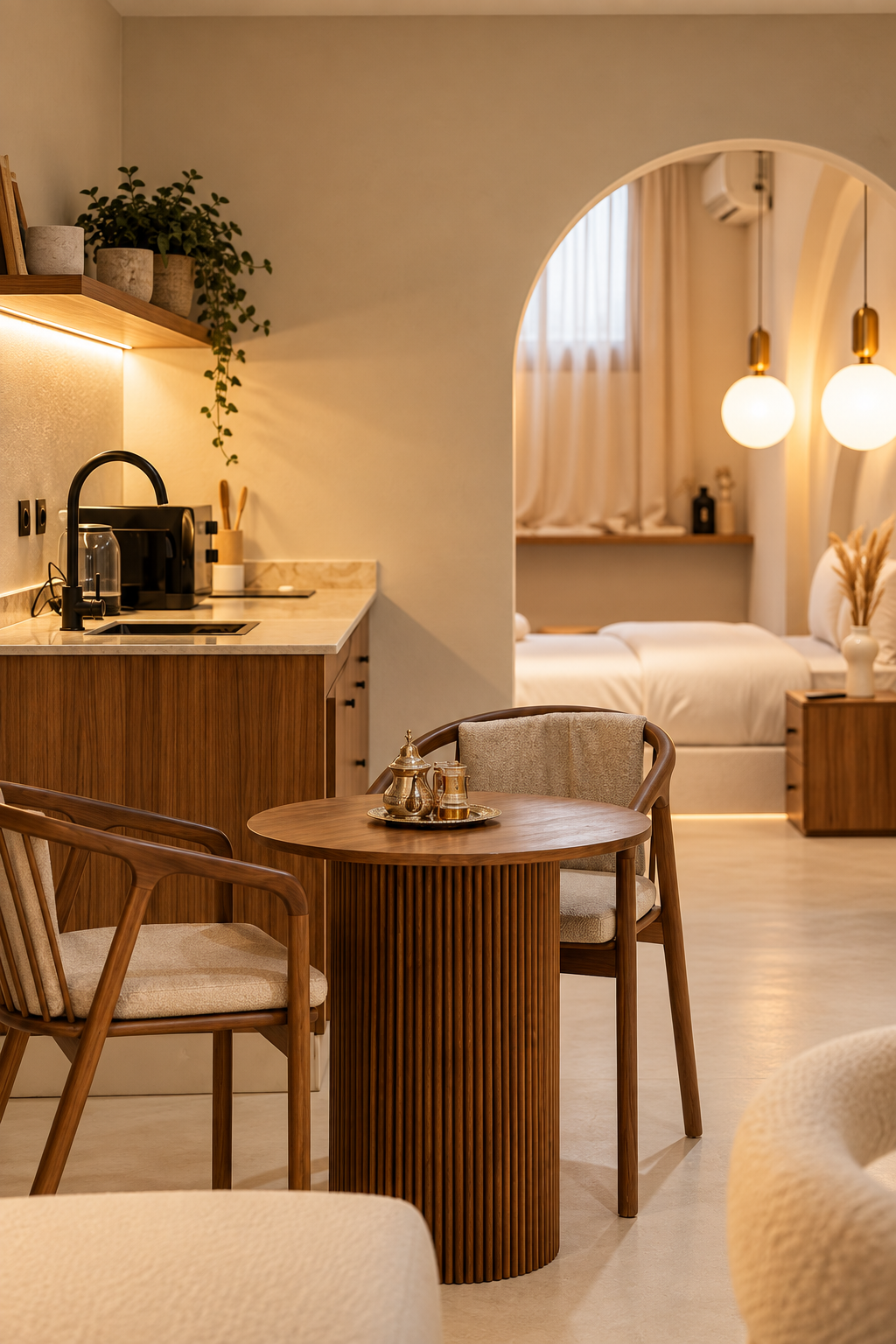 Walnut kitchen and dining space in Marrakech